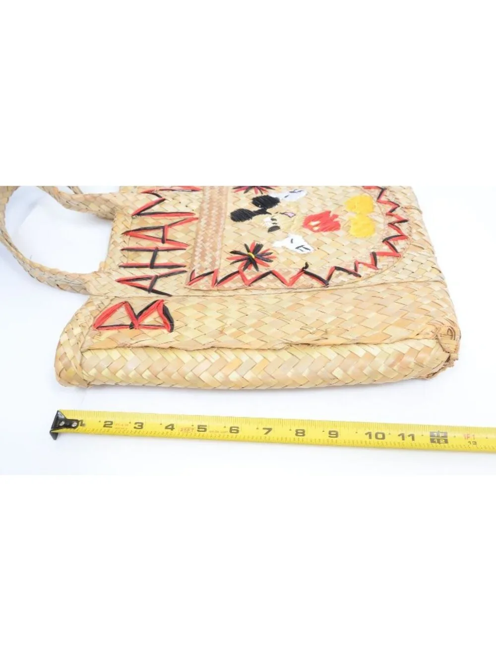 Vintage Bahamas Disney's Mickey Mouse Woven‎ Straw Embroidery Tote Bag Purse